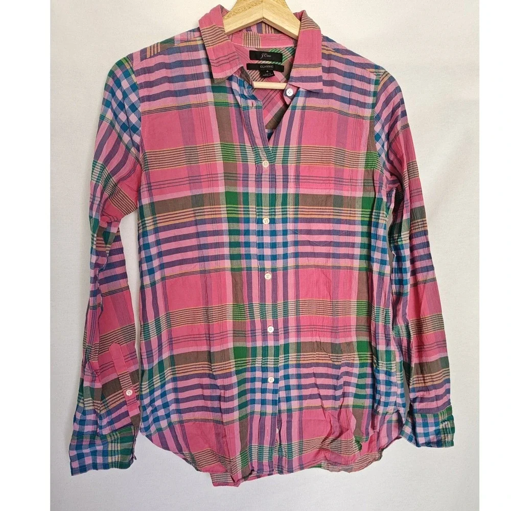 J Crew Classic Fit Boy Shirt Crinkle Pink Blue‎ Plaid Button Front L3218 4 - Picture 3 of 7